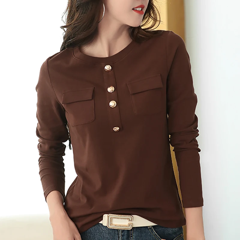 

Casual Plus Size Cotton T Shirt Women Button Fall Clothes 2021 Long Sleeve Top Tee Shirt Femme T-shirty Damskie Camisetas Mujer