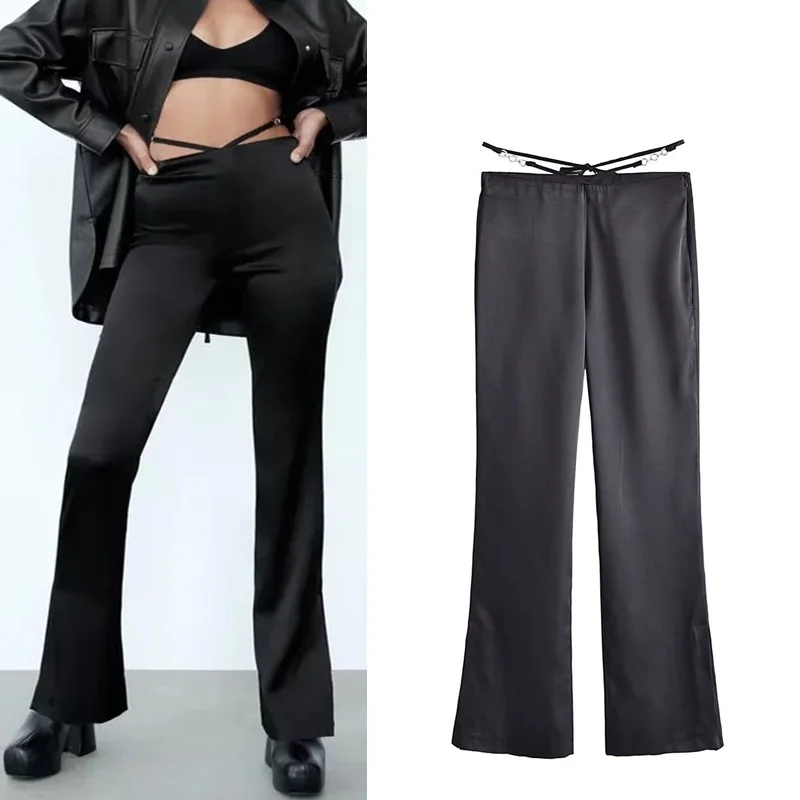 

Za Spring Autumn Black Long Pants Women High Waist Elegant Chic Waist Lacing Bow Trumpet Pants Hem Split Fork Straight-leg Pants