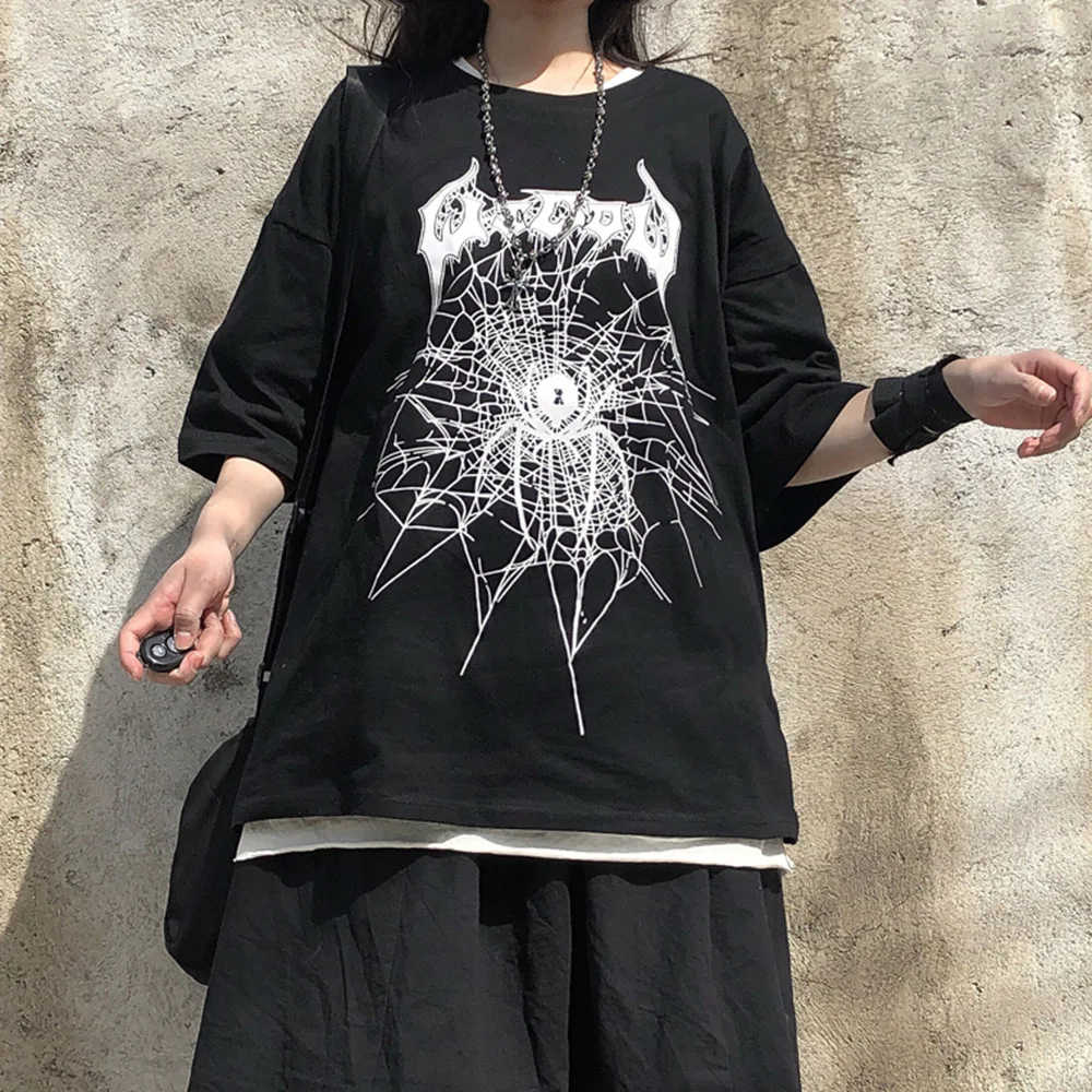 

Gothic Harajuku T-Shirt Women Oversized Spider Print BF Style Goth Punk Summer Casual Loose Black White Tshirts Female New Chic