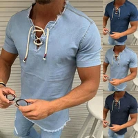 mens denim short sleeve v neck t shirt casual lace up pure color blouse top tee