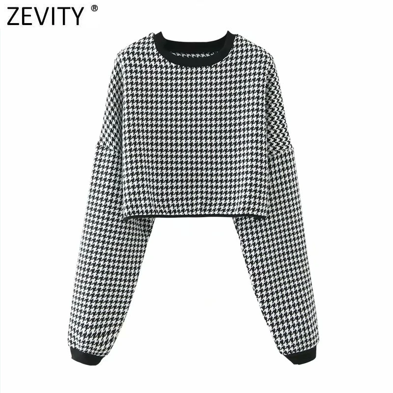 

Zevity New Women Vintage Houndstooth Plaid Print Short Knitting Sweater Lady Chic Long Sleeve Casual Pullovers Crop Tops SW1023