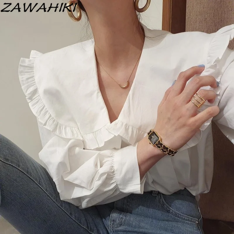 

Винтажная блузка zawхитки с оборками, рубашки с воротником Питер Пэн для женщин, элегантные блузы с длинными пышными рукавами, корейские модн...