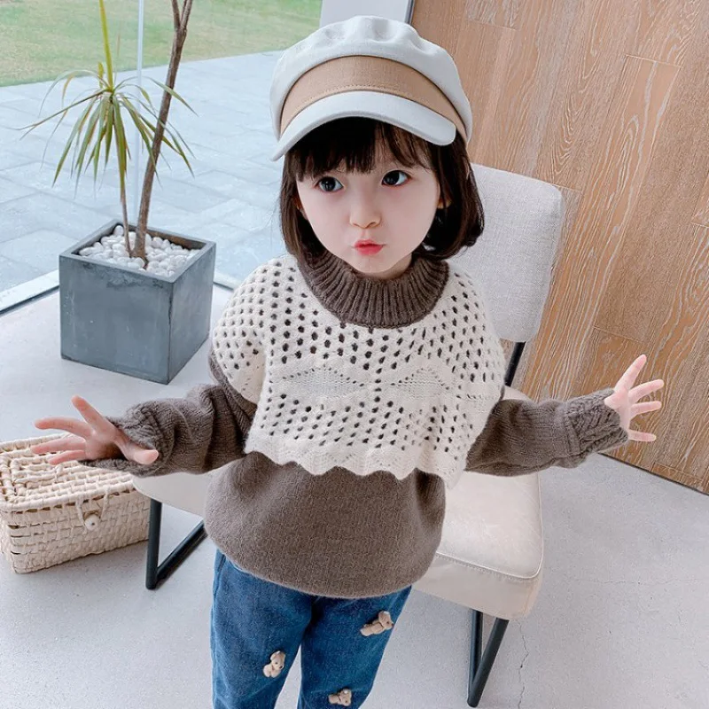 

New Spring Winter Girl Casual Pullover Sweater Children's Knitted Kids Cute Warm Loose Thicken Lace Long Sleeve Beige Brown