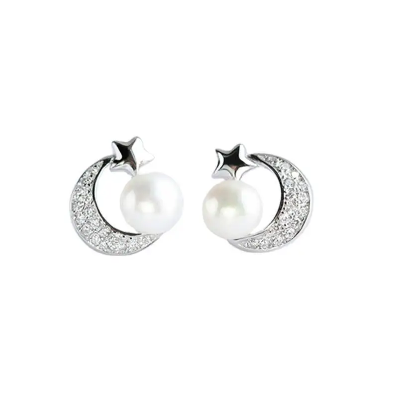 

All Match Women's Pearl Earrings Fashion Simple Stars Moon 925 Sterling Silver Jewelry Girls Hypoallergenic Accessories