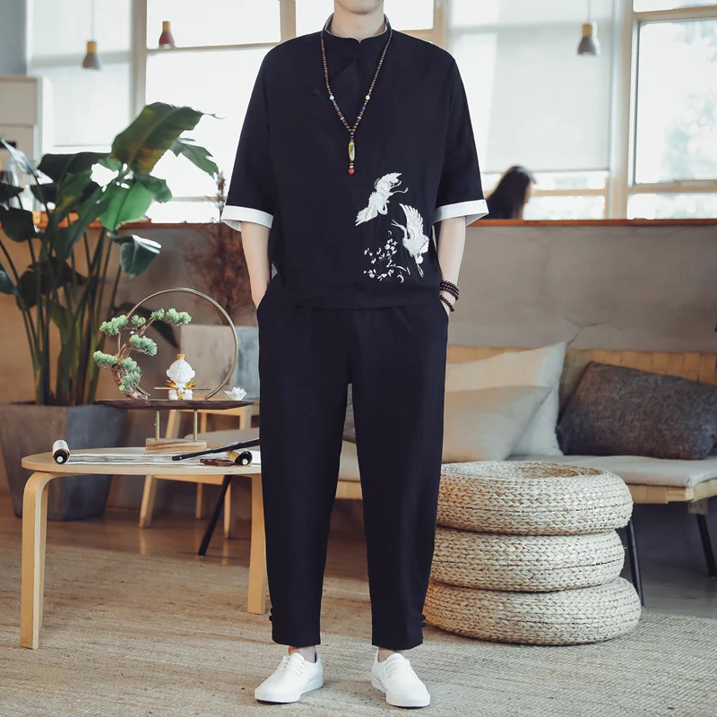 

(Рубашка + штаны) на весну для мужчин, мужская рубашка из хлопка и льна с принтом рубашки для мужчин, высокое качество, на каждый день, модные р...