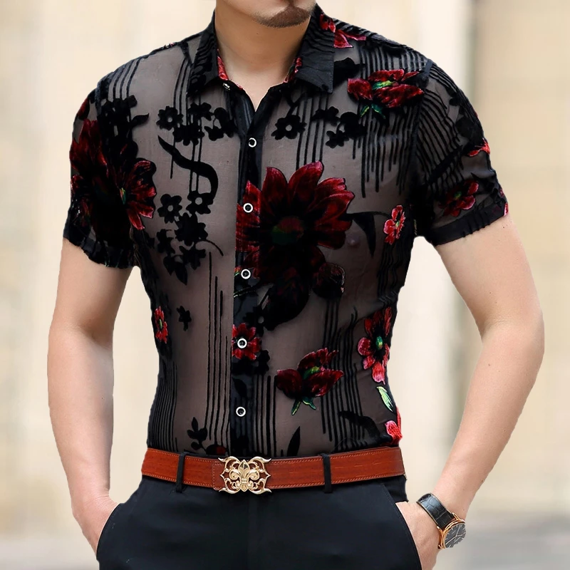 Mannen Kleding весна 2020 облегающая сексуальная прозрачная рубашка с коротким рукавом