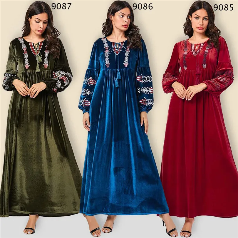 Арабское золото бархат вышитые Абая зимнее платье для женщин мусульманский