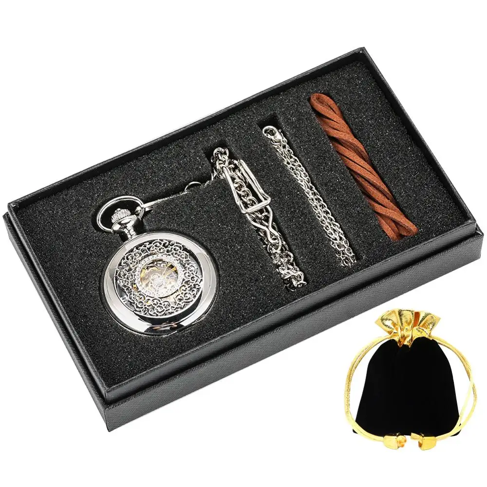 Fashion Hollow Flower Silver Hand Winding Mechanical Pocket Watch Luxury Silver Metal Web Case Hand Winding Watch Sets + Box Bag