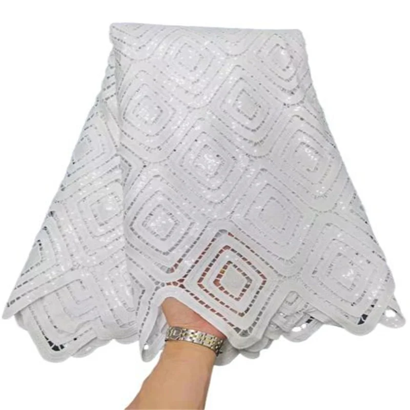 

Pure White Nigerian African Lace Fabric Sequins High Quality Lace 100% Cotton Lace Guipure Cord Lace Fabric For Wedding Party