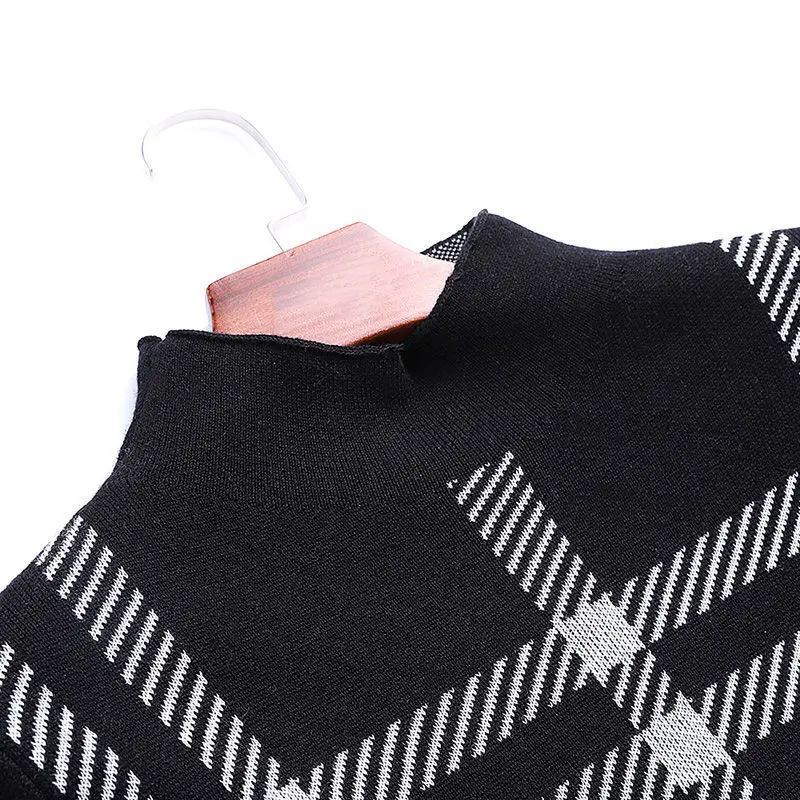 

2021 Women Autumn Winter Long Sweater Pullovers Half Turtleneck Sweater Dress Casual Female Clothes Plaid Knitt Sweater Dresses