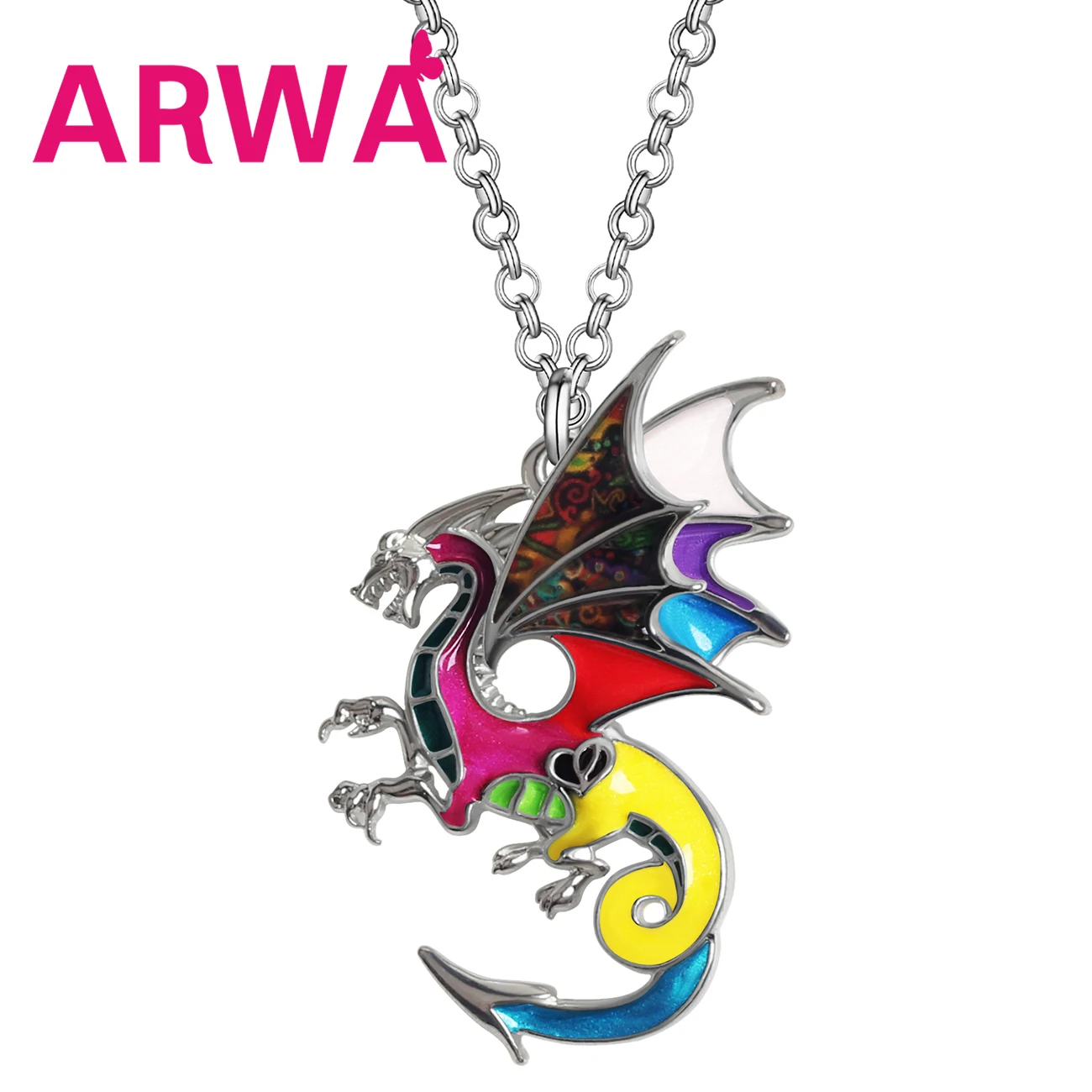 

ARWA Enamel Alloy 3D Curly Tail Dinosaur Mythical Dragon Necklace Pendant Trendy Chain Jewelry For Women Men Teens Charm Gifts