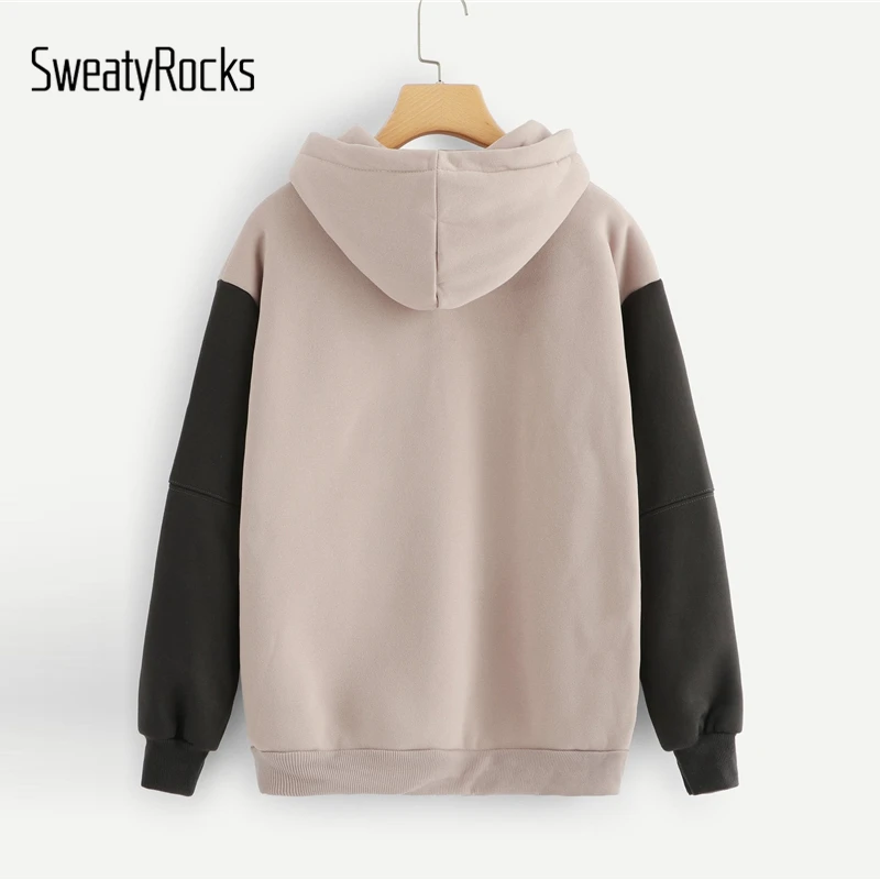 SweatyRocks толстовка с контрастными рукавами и надписями на шнурке, пуловер большого размера, топы, осенние женские повседневные толстовки с капюшоном