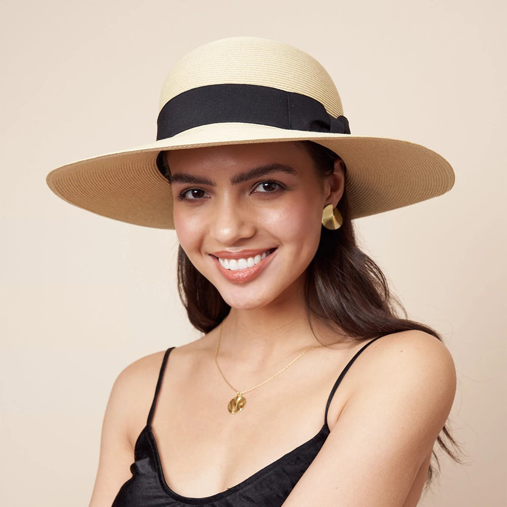 

Pineapple&Star Paris Sun Beach Hat Wide Brim Paper Straw Fine Braid Bowtie UPF 50+ Ivory Beige Bonnets for Women Streetwear