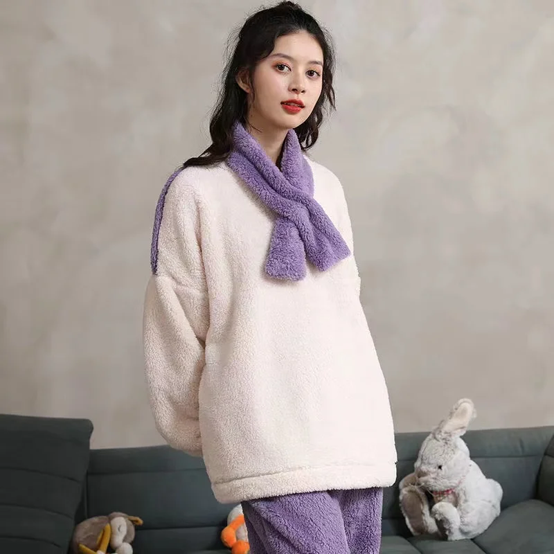 Winter Thick Warm Flannel Pyjamas Set Women's Coral Velvet Long Sleeve Trousers Sleepwear Home Clothing Pajama