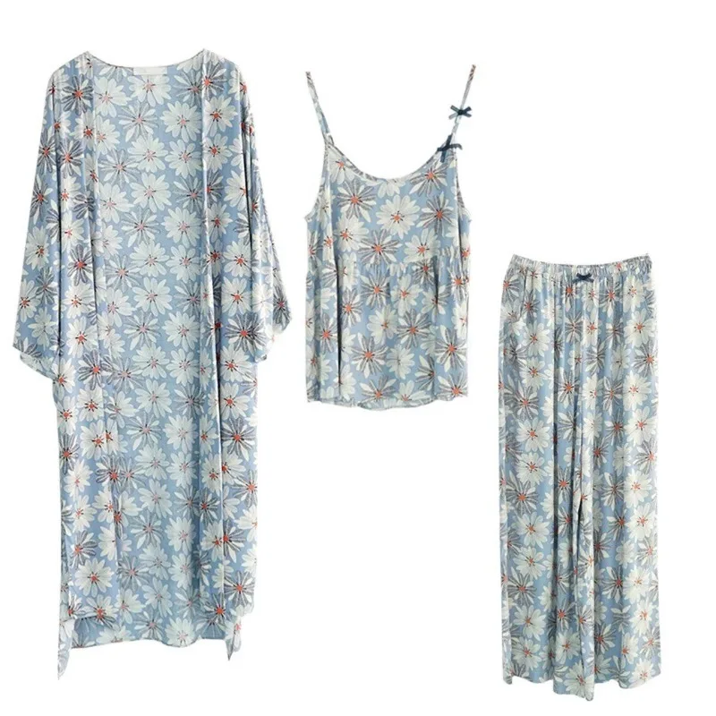

2021 Spring New Cotton Robe Sets Linen Daisy Nightgown Three-piece Thin Sling Pajamas Set Korean Home Service Women