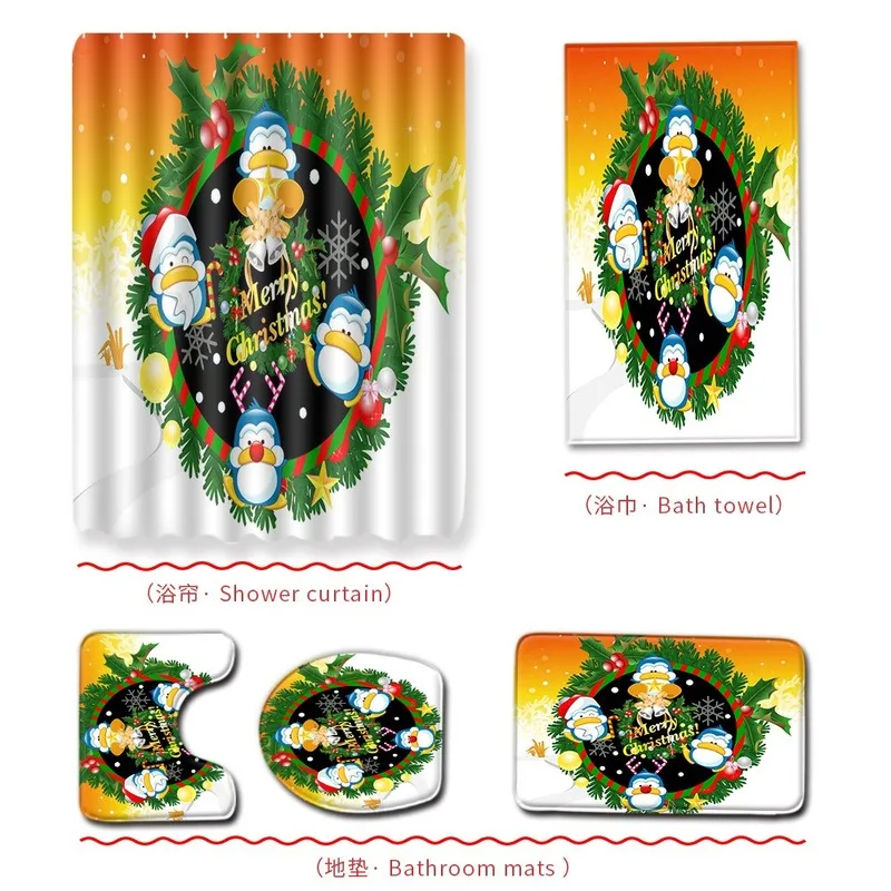 

New Christmas Bathroom Shower Curtain Bath Towel Mat Five-Piece Set Bathroom Toilet Carpet Shower Mat
