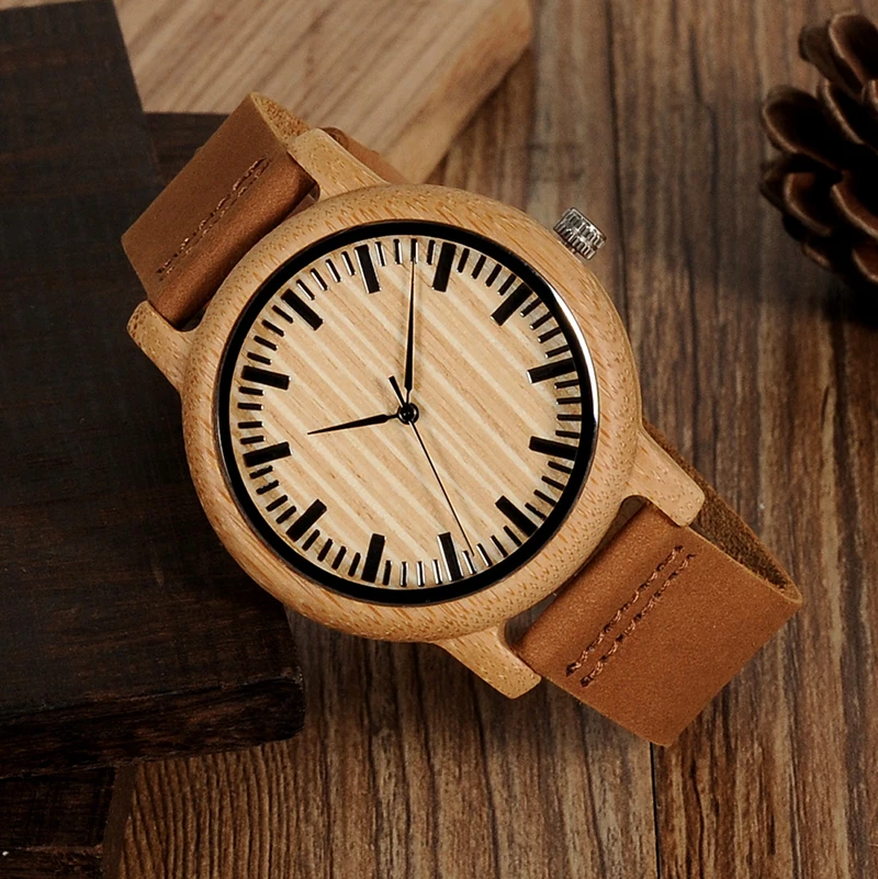 Мужские деревянные кварцевые часы с бамбуковым ремешком и кожаным | Наручные