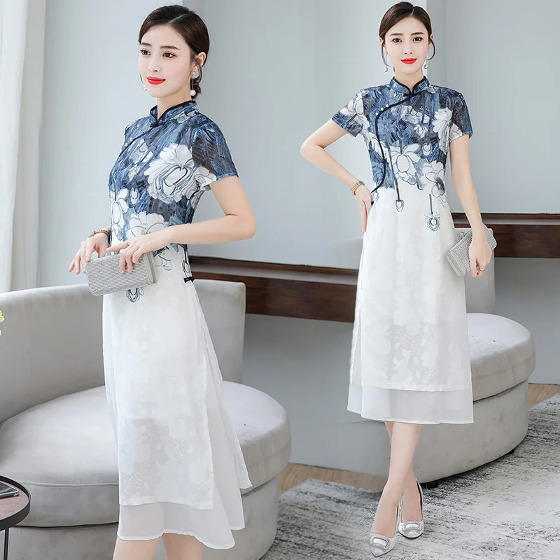 Женское платье в китайском стиле длинное летнее с коротким рукавом улучшенное