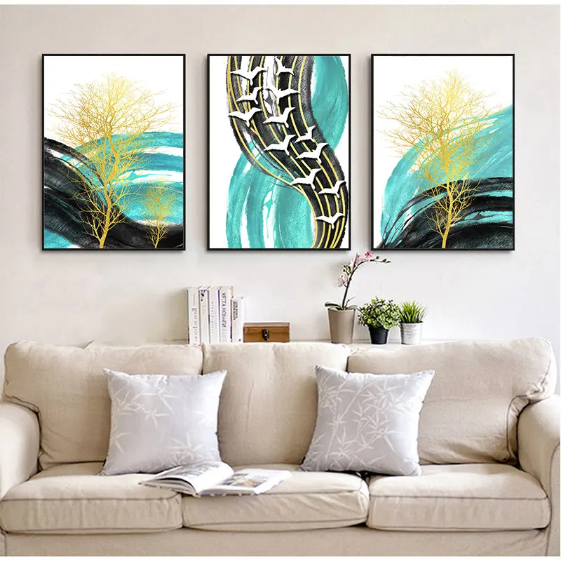 Абстрактный Синий Золотой дерево и Птицы Холст живопись цвет Spalsh постер принт