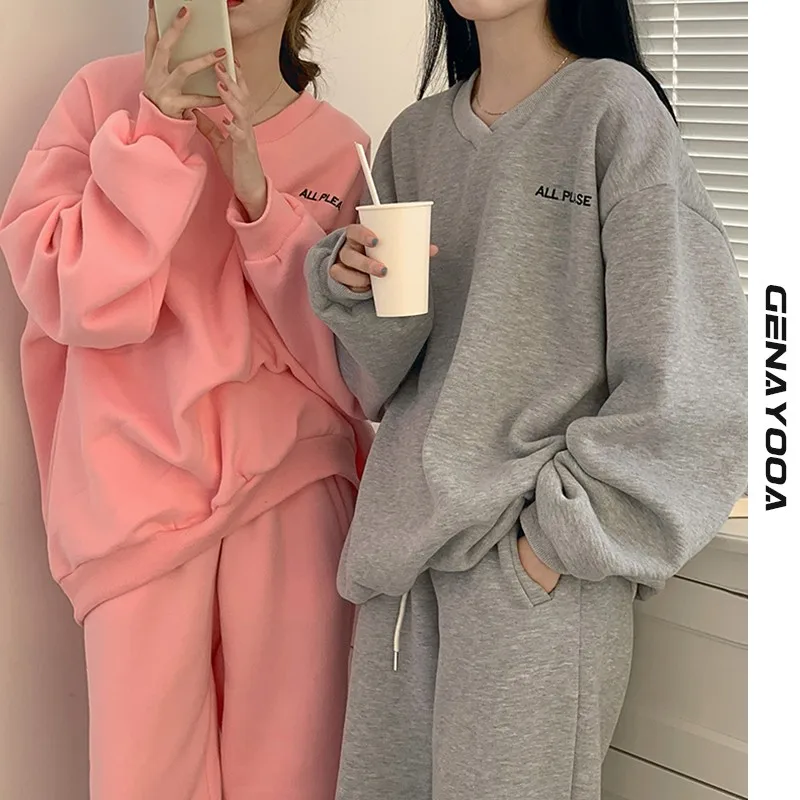 

Genayooa Autumn Casual Two Piece Set Top And Pants Women Tracksuit Streetwear Letter Thick Loose Hoodies Two Piece Femme 2021