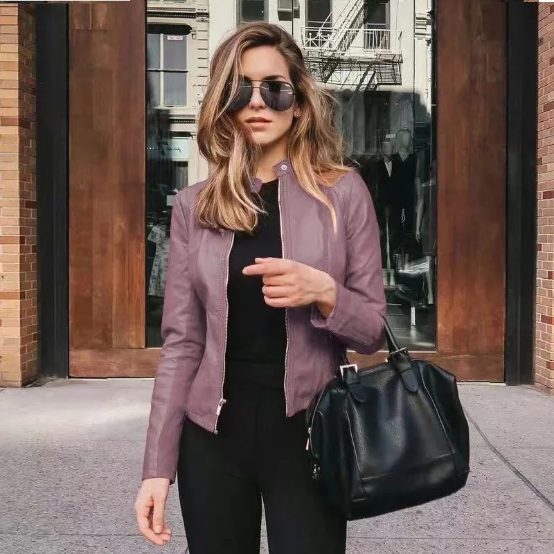 Womens Pu Leather Jacket Autumn Winter Fashion Short Color Waterproof Jacket Long-sleeved Thick Warm Zipper Spring