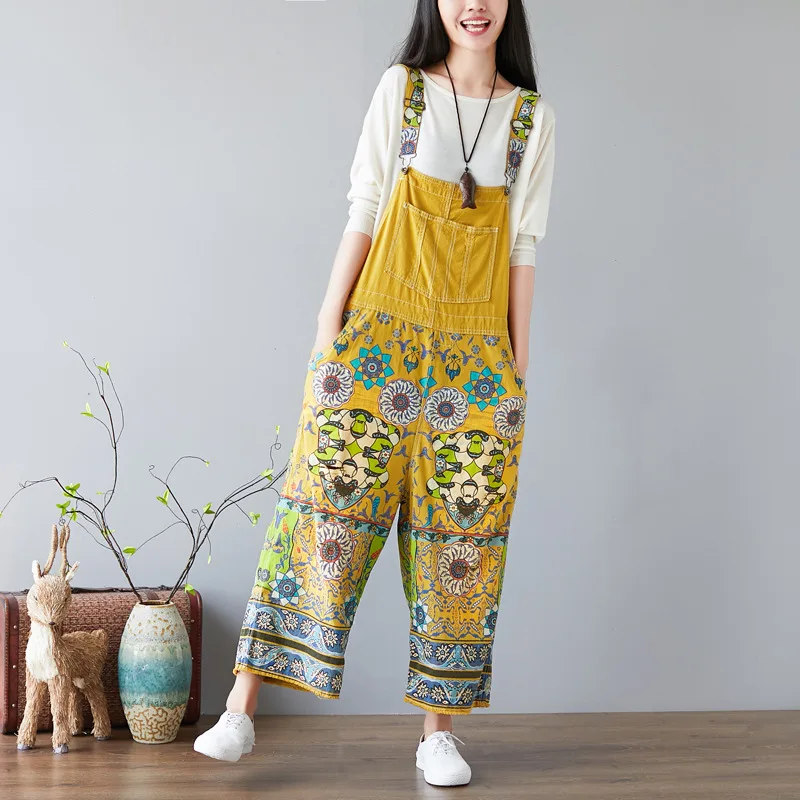 

Helisopus Vintage Ethnic Print Casual Jumpsuit Overalls for Women 2021 Floral Print Loose Cowboy Wide Leg Rompers Oversized
