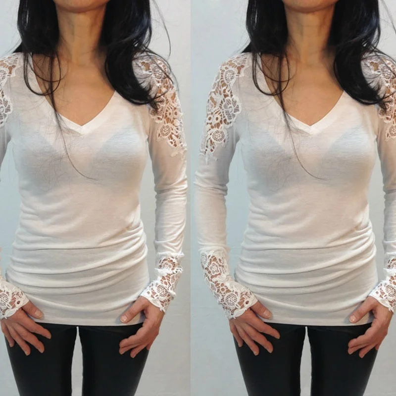 Fashion Women Cotton Shirts Sexy Lace Crochet Long Sleeve T-Shirt Ladies Casual Blouse Tops | Женская одежда