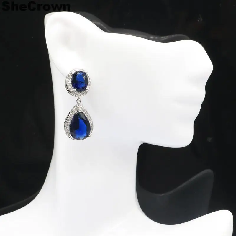

34x14mm SheCrown Beautiful Drop Shape Tanzanite White CZ Woman's Gift Silver Earrings