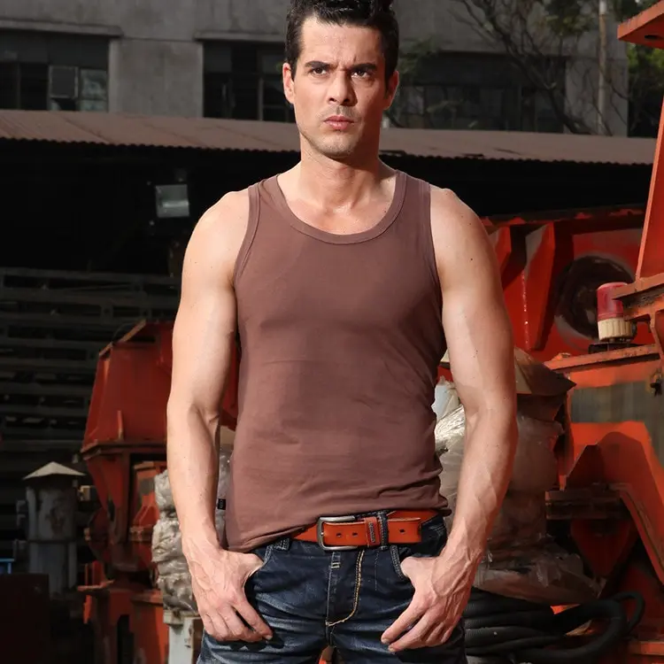 

Summer Slim Fit Workout Mens Tank Top Plain Brown White O Neck Sleeveless High Quality Undershirt Clothes Men 1311