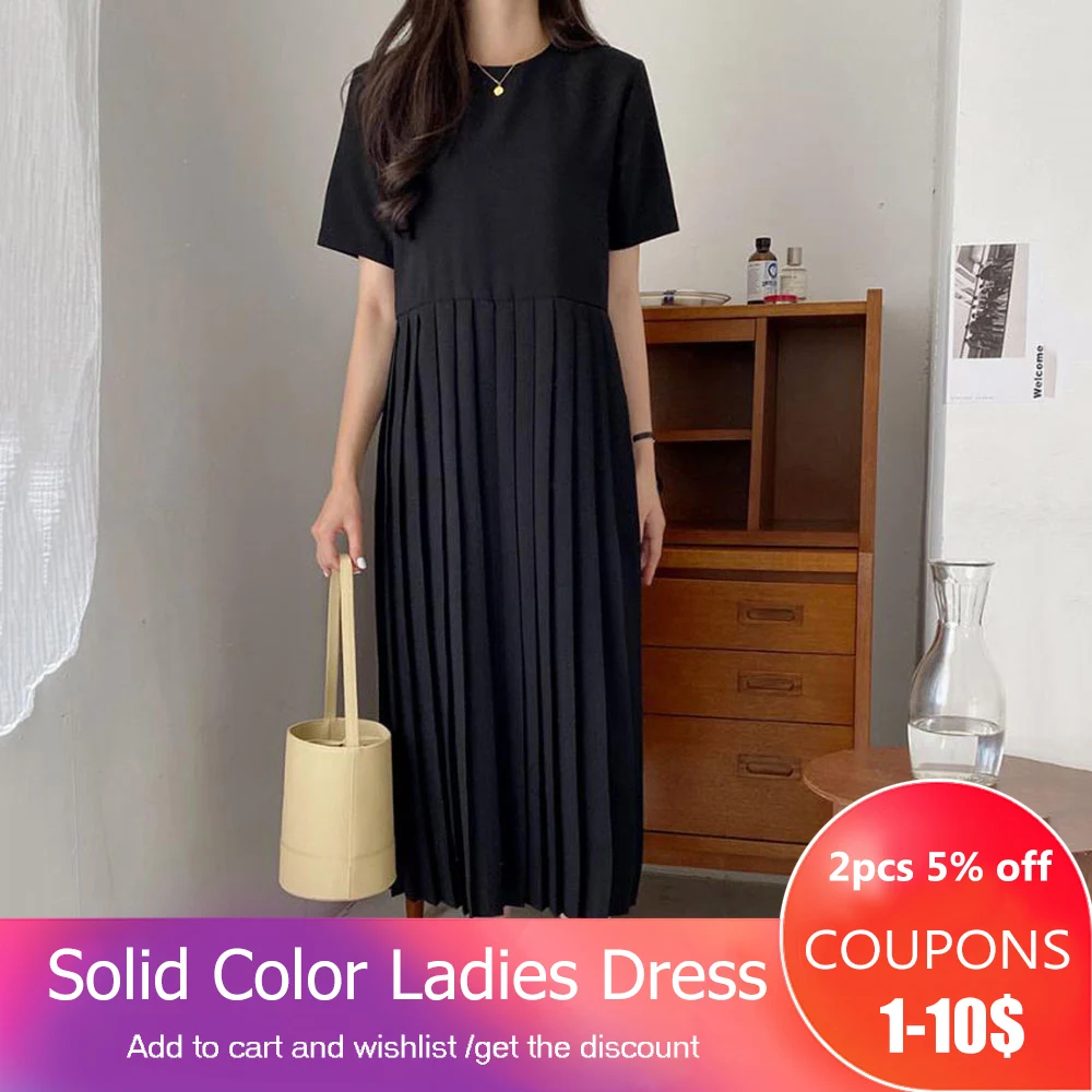 

Elegant Pleated Summer Dress Women Black O-Neck Short Sleeve Casual Women's Dresses 2021 Korean Fashion New Office OL Lady Dress