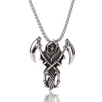 stainless steel skeleton with death scythe skull pendant necklace cool accessories neck chain for male punk jewelry gl0012
