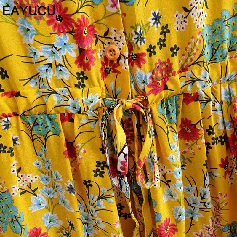 

EAYUCU Floral Print Yellow O neck Cotton Dress Women 2020 Summer Lace Up Short Sleeve Beach Female Dresses Robe Femme ED050