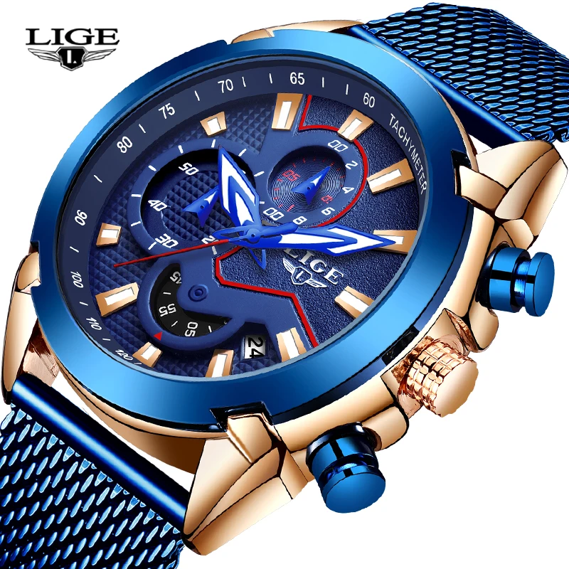 Часы LIGE Мужские кварцевые в стиле милитари модные с хронографом и автоматической