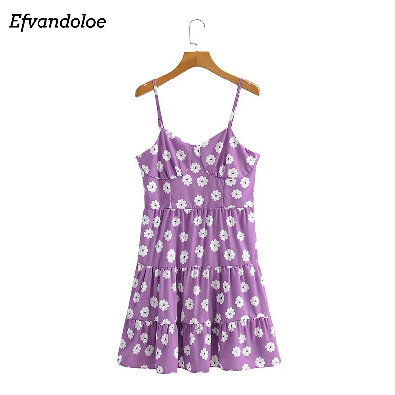 

Женское платье на бретельках-спагетти, фиолетовое ТРАПЕЦИЕВИДНОЕ ПЛАТЬЕ с цветочным принтом и открытой спиной, лето 2021