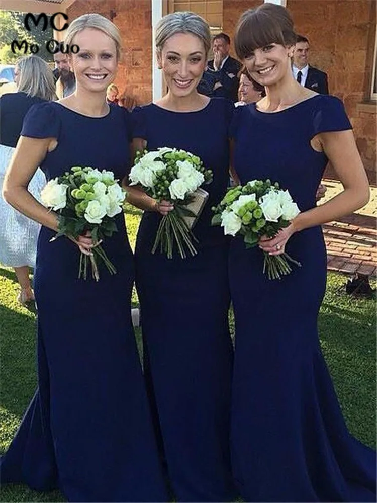 Темно синее длинное платье подружки невесты с коротким рукавом для свадебной