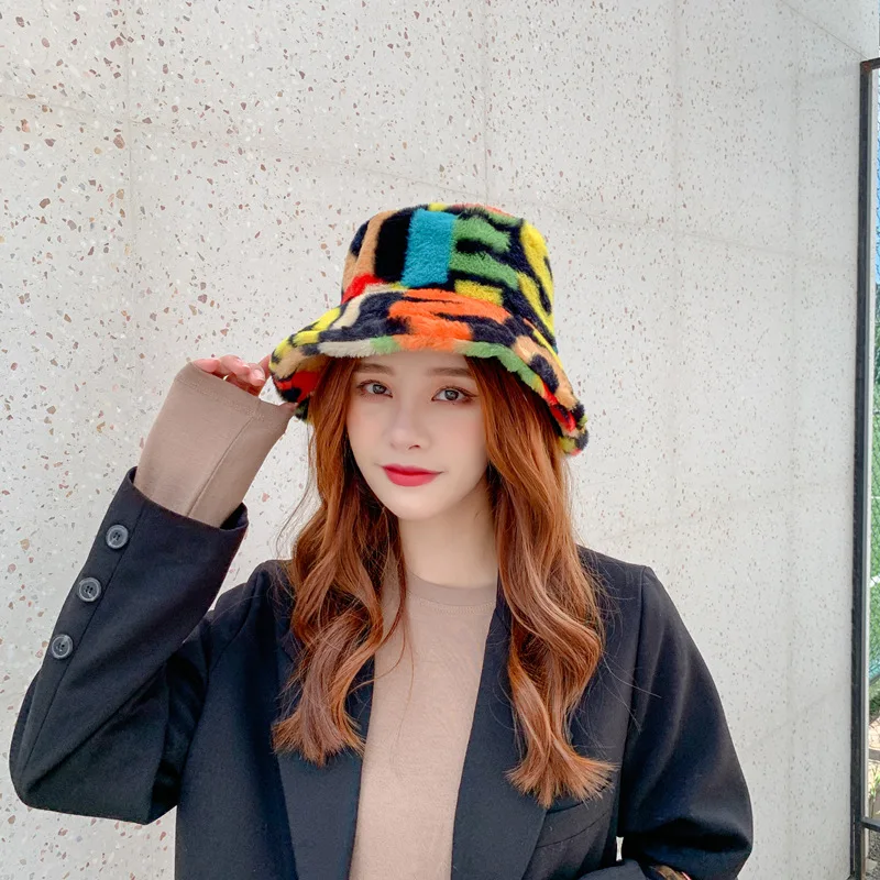 

Winter hat New Outdoor Multicolor Rainbow Faux Fur Letter Pattern Bucket Hats Women Winter Soft Warm Gorros Mujer