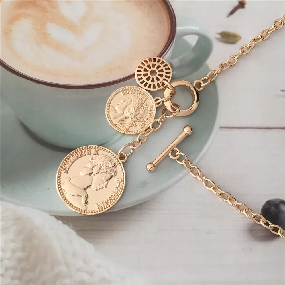 Элегантная позолоченная монета с круглая филигрань Т-образный стержень ожерелье