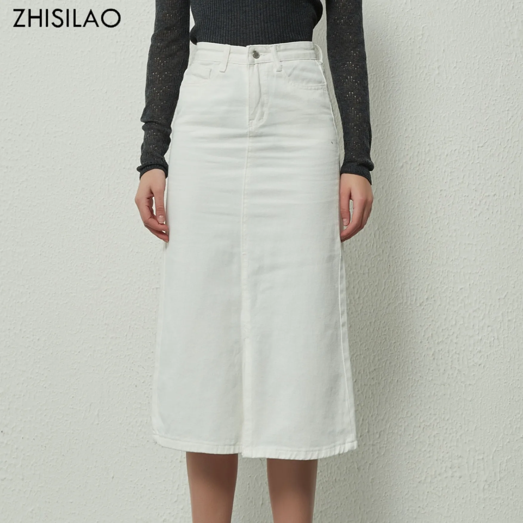 

ZHISILAO New Split Fork A-line Denim Skirt Women Vintage Solid High Waist Bodycon White Jean Skirt Summer 2022 Jupe Korean Style