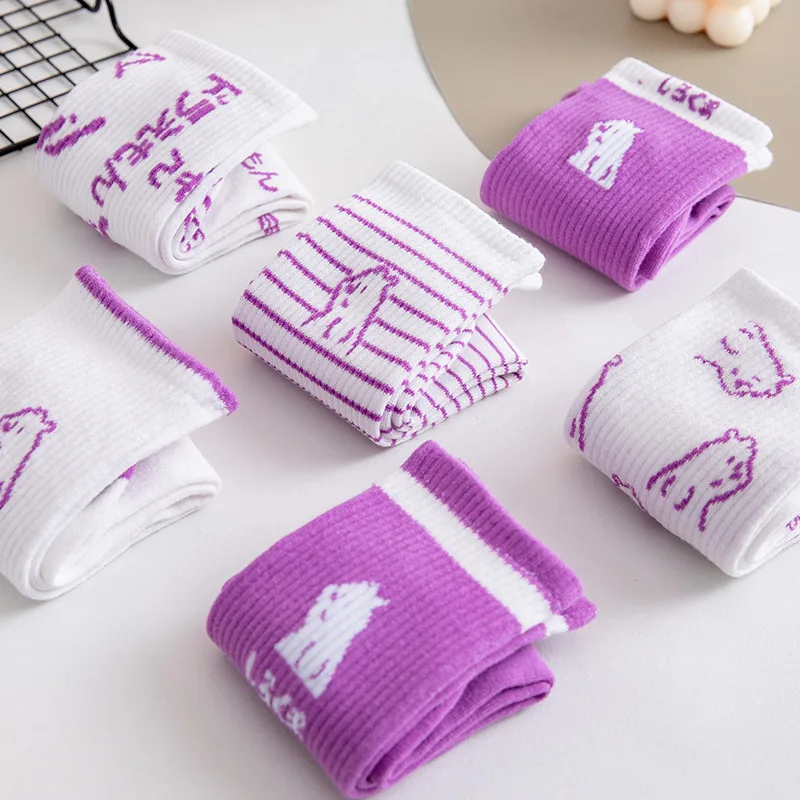 Spring And Summer Women's Cotton Socks Mid-waist Fashion Bear Socks Japanese Cute Cartoon Purple Women's Socks Harajuku College