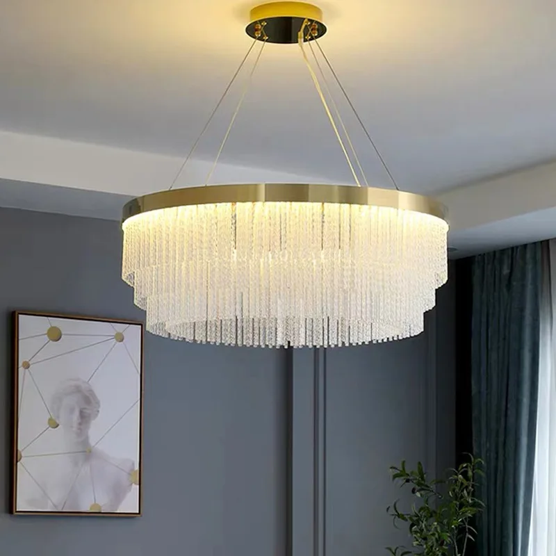 

Modern Gold Steel Lustre Glass Led Dimmable Pendant Lights Living Room Round Led Droplight Luxury Deco Suspend Lamp Fixtures