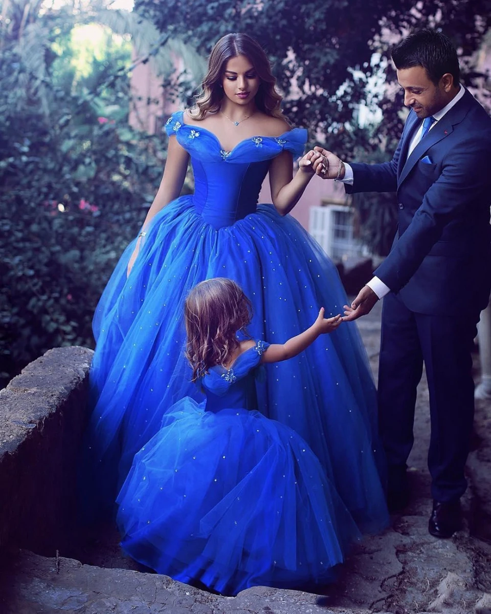 Off Shoulder Blue Princess Girls Ball Gowns Mother Daughter Gowns Mom Girls Photography Gowns Birthday Dress Gowns Custom