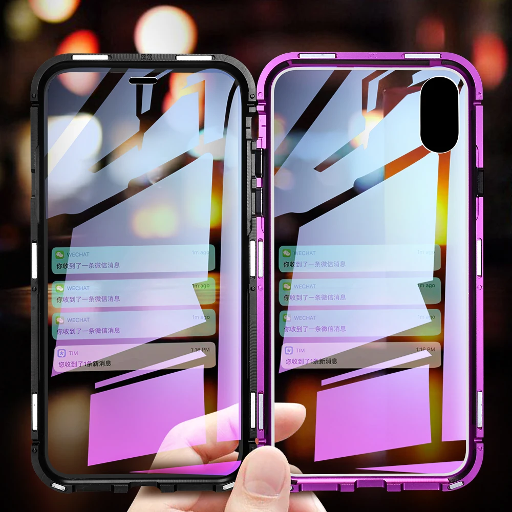 Magnetic Adsorption Metal Phone Case for iphone 7 8 Plus X Xs Max Xr Double Sided Tempered Glass Full Protective Cover | Мобильные