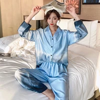 silk womens spring autumn pajama suit long sleeve gradient color female pijama set 2 pcs with long pants sleepwear for mujer