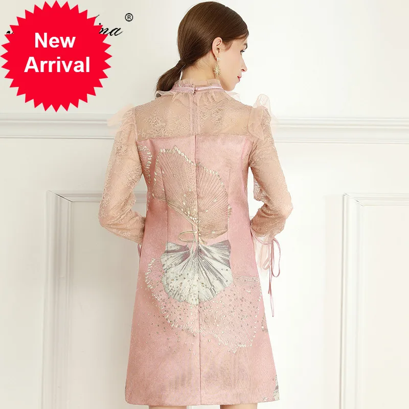 

Fashion Designer dress Summer Women's Dress Ruffles Lace Long sleeve Beaded Dresses