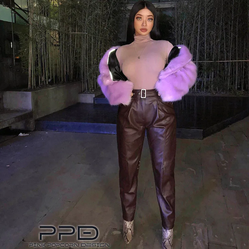 European And American Style Imitation Sheepskin Fleece High Belt Tooling Pockets Straight Leather Pants | Женская одежда