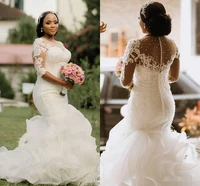mermaid wedding dresses plus size bridal gowns cascading organza long sleeves beading designer african nigeria