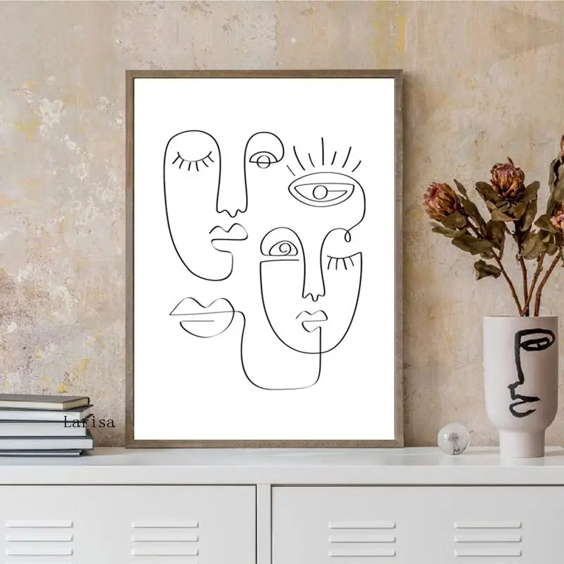 

Nordic Abstract Picasso Poster Face Line Drawing Wall Art Canvas Painting Black and White Simple Picture for Living Room Home