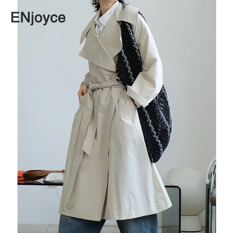 Женская длинная льняная ветровка выше колена Повседневная Свободная винтажная