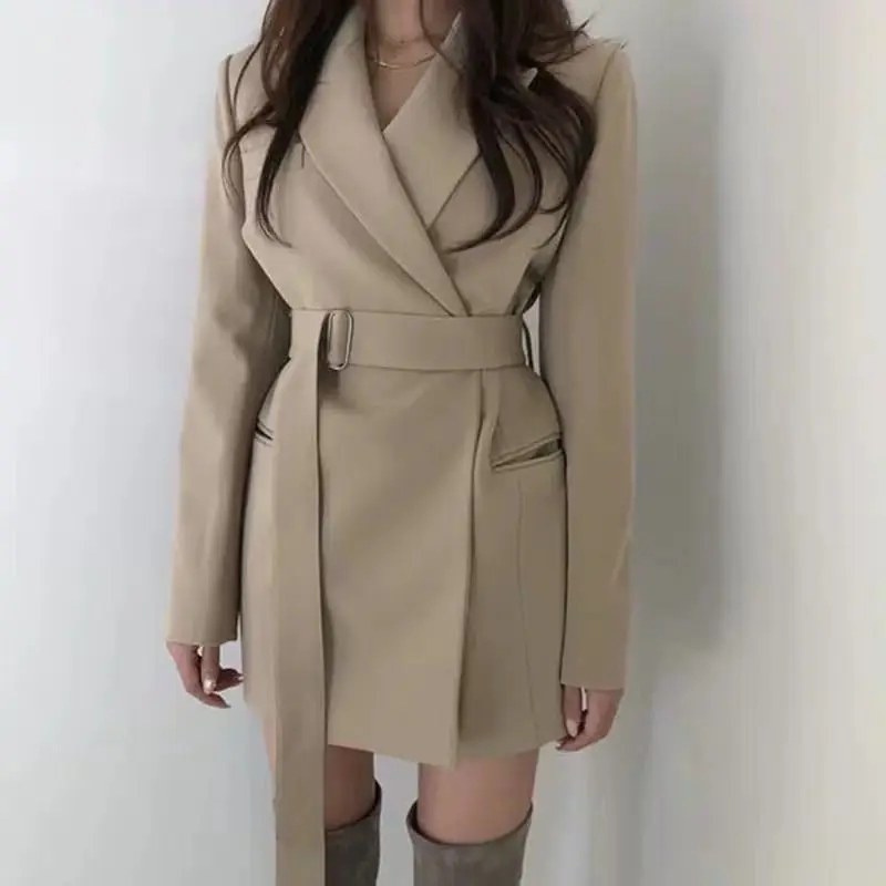 Khaki Винтажный Длинный блейзер Женская весенне-осенняя корейская мода; Слим Fit туника с поясом Блейзер длинный рукав костюм куртки женские пальто женские - Цвет: Khaki