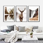 Горный пейзаж животных Картина с оленем природа снег дерево на озере плакат в скандинавском стиле Nordic Wall Art Холст живопись оптовая продажа для домашнего декора